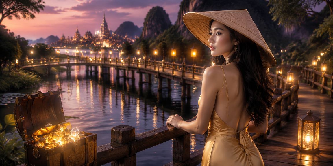 Người dùng tại Ninh Bình đăng ký nhận bonus trên điện thoại với khung cảnh nón lá truyền thống